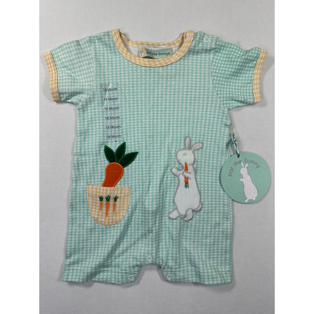 NWT Vintage Y2K Pat the Bunny Romper 18M Green‎ Gingham Bunny Carrot One Piece